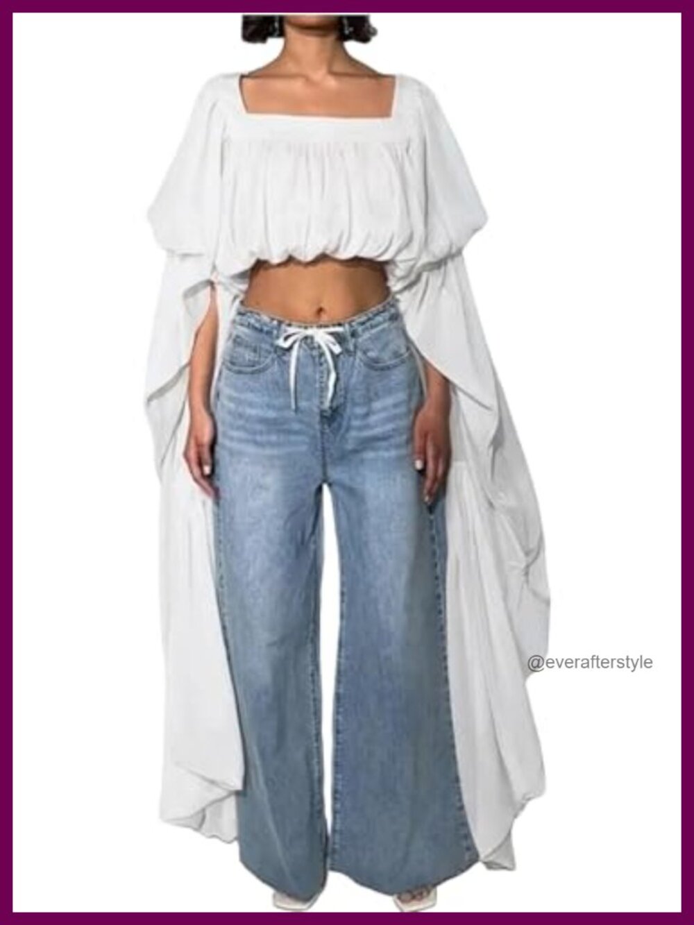 Chiffon Crop Blouse Ruffle Bell Sleeve Square Neck Sheer Top